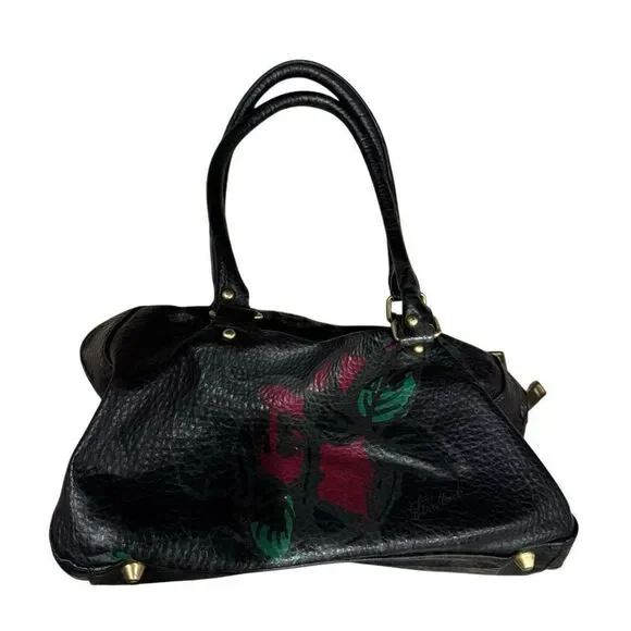 Steve Madden Y2K Black Floral Satchel Bag Pebbled Faux Leather - Picture 2 of 9